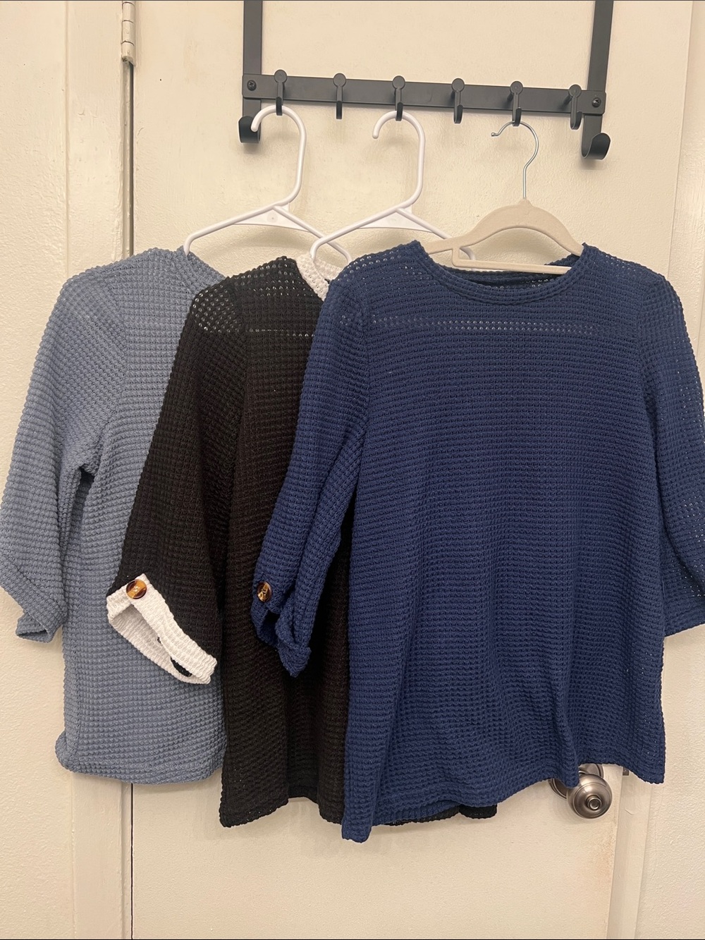 Women’s Classic Knit Sleeve Tops - Blue, Black, Light Blue- Set of 3